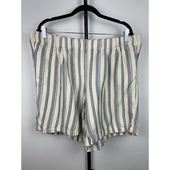 J. Jill Blue Black White Stripe Linen Blend Pull On Elastic Waist Short Size L - Picture 1 of 7
